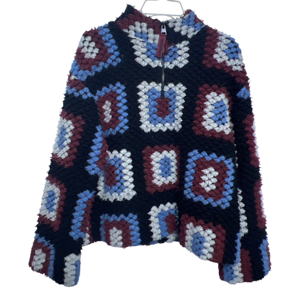 Damson Madder Granny Square Quarter Zip Fleece Pullover 8 Folkloric Artsy Afghan
